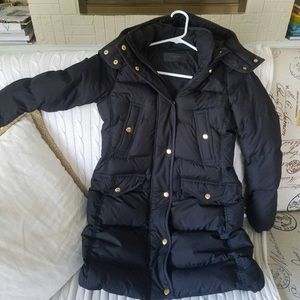 JCREW BLACK PUFFER COAT WITH GOLD BUTTONS AND HOOD